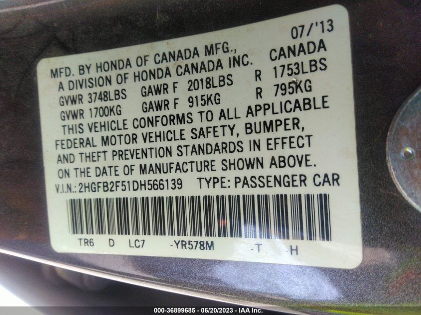2013 HONDA CIVIC SDN LX - 2HGFB2F51DH566139