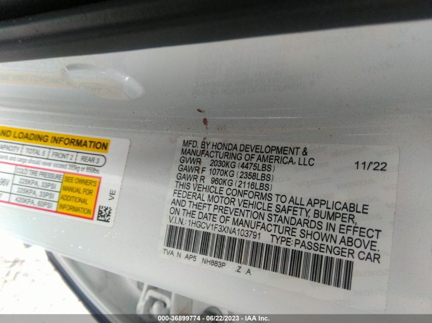 2022 HONDA ACCORD SEDAN SPORT - 1HGCV1F3XNA103791