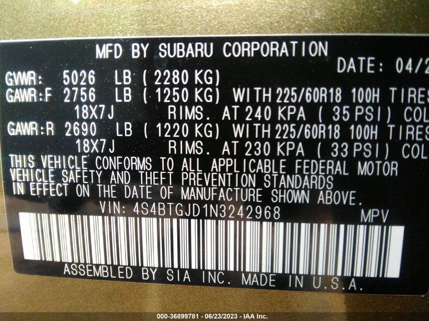 2022 SUBARU OUTBACK ONYX EDITION XT - 4S4BTGJD1N3242968