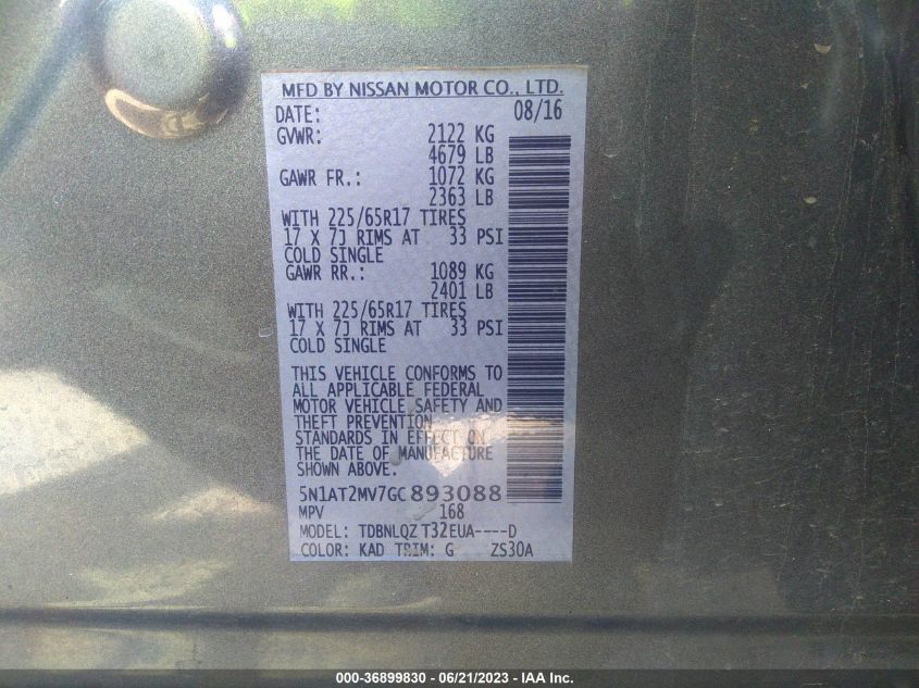 2016 NISSAN ROGUE SV - 5N1AT2MV7GC893088