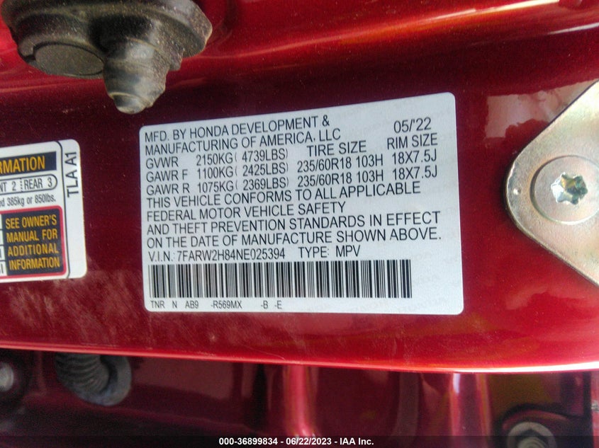 VIN 7FARW2H84NE025394 2022 HONDA CR-V EXL