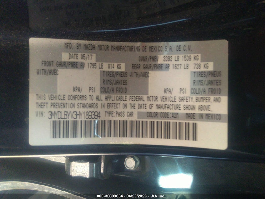 VIN 3MYDLBYV3HY189394 2017 TOYOTA YARIS IA