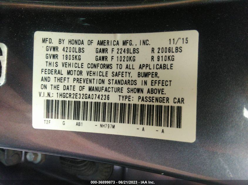 2016 HONDA ACCORD SEDAN LX - 1HGCR2E32GA074236