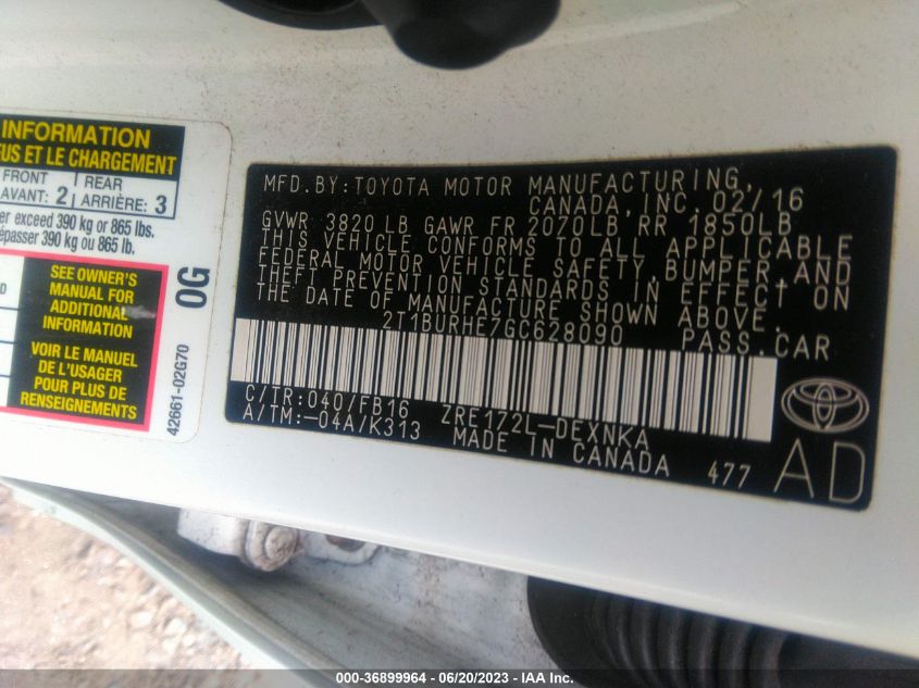 2016 TOYOTA COROLLA L/LE/LE PLS/PRM/S/S PLS - 2T1BURHE7GC628090