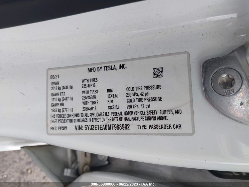 2021 TESLA MODEL 3 STANDARD RANGE PLUS - 5YJ3E1EA0MF988992