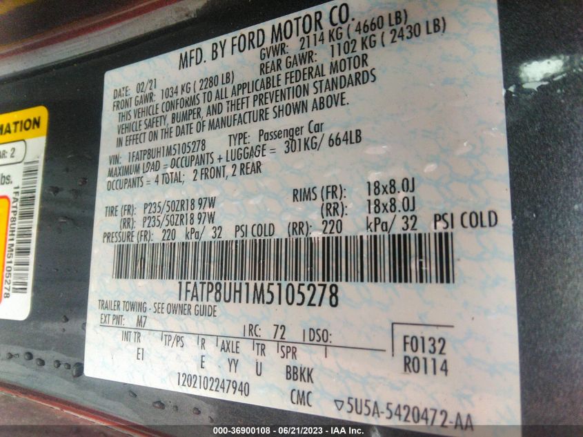 2021 FORD MUSTANG ECOBOOST - 1FATP8UH1M5105278