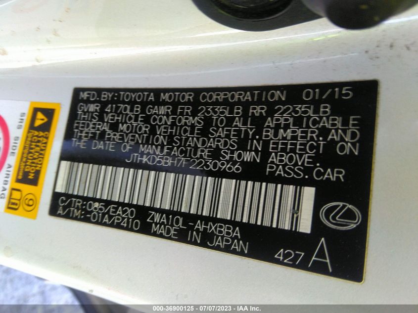 2015 LEXUS CT 200H HYBRID - JTHKD5BH7F2230966