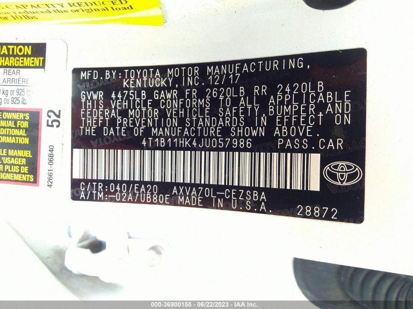 2018 TOYOTA CAMRY LE/SE/XLE/L - 4T1B11HK4JU057986