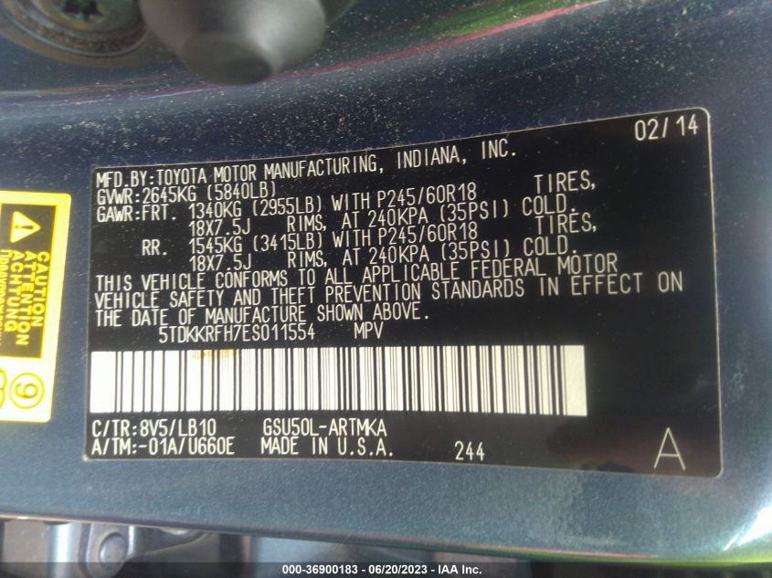 2014 TOYOTA HIGHLANDER XLE - 5TDKKRFH7ES011554