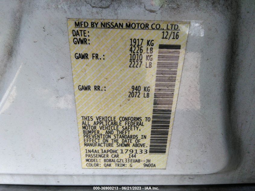 2017 NISSAN ALTIMA 2.5/S/SV/SL/SR - 1N4AL3AP0HC179133