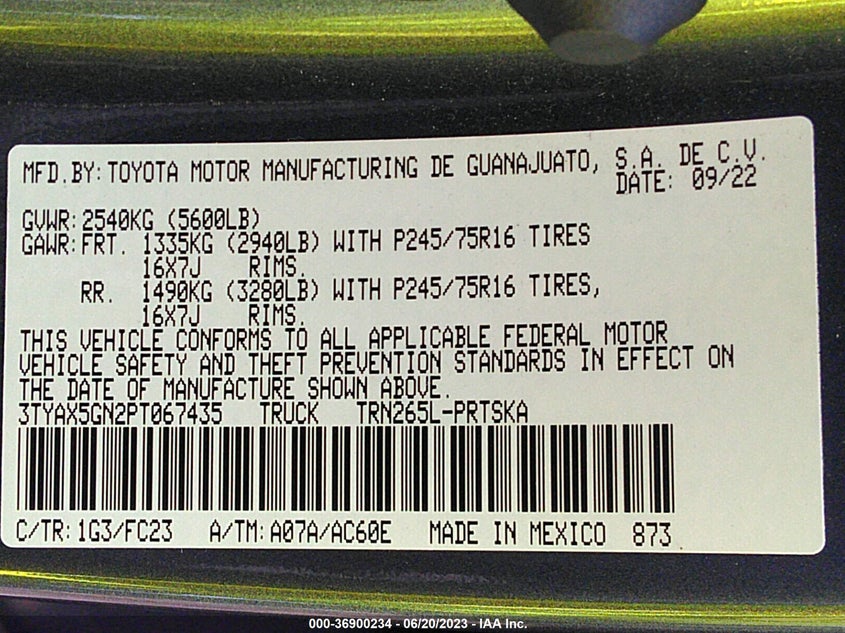 VIN 3TYAX5GN2PT067435 2023 TOYOTA TACOMA 2WD SR/SR5
