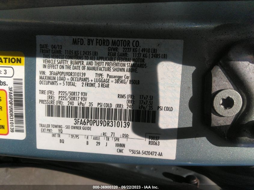 2013 FORD FUSION ENERGI SE LUXURY - 3FA6P0PU9DR310139