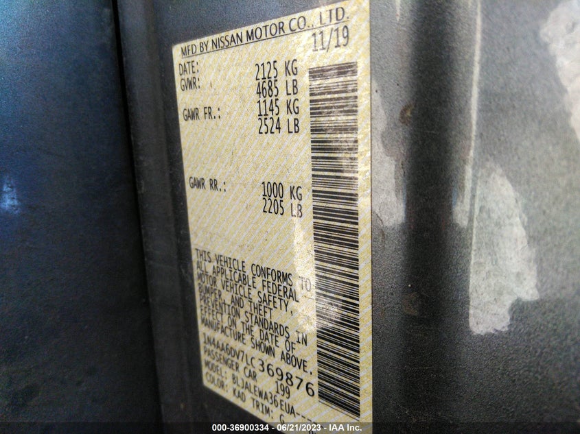 VIN 1N4AA6DV7LC369876 2020 NISSAN MAXIMA SL