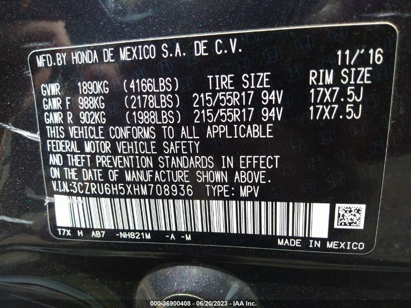 2017 HONDA HR-V EX - 3CZRU6H5XHM708936