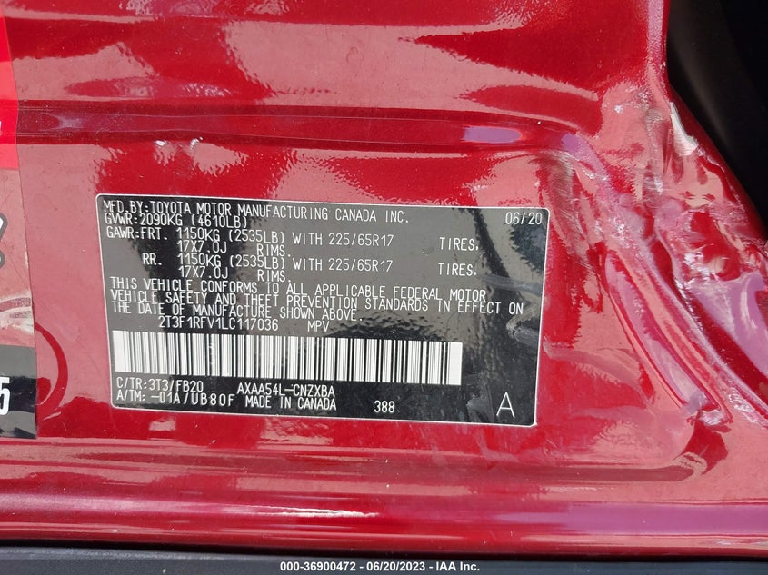 VIN 2T3F1RFV1LC117036 2020 TOYOTA RAV4 LE