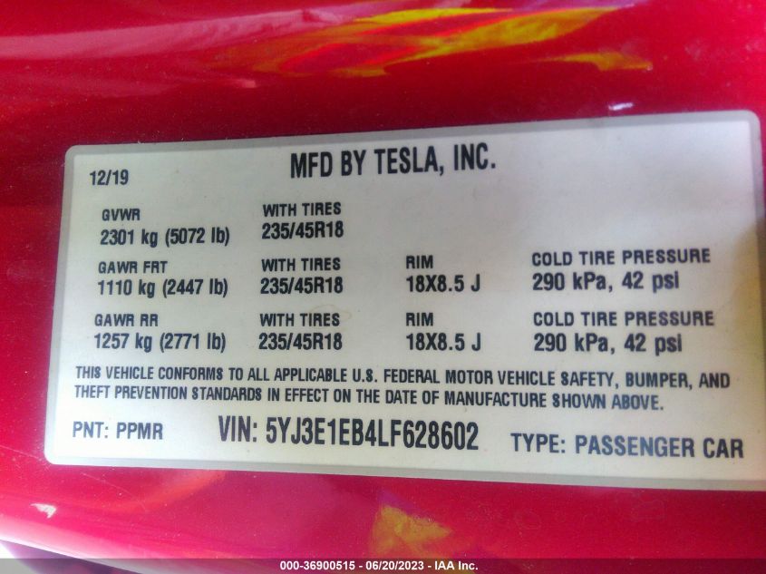 2020 TESLA MODEL 3 LONG RANGE - 5YJ3E1EB4LF628602