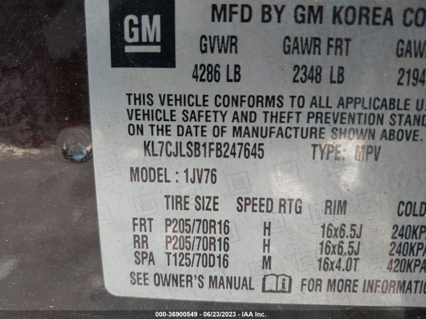 2015 CHEVROLET TRAX LT - KL7CJLSB1FB247645