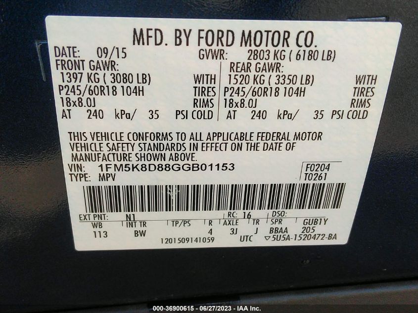 2016 FORD EXPLORER XLT - 1FM5K8D88GGB01153