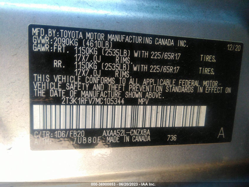 VIN 2T3K1RFV7MC105344 2021 TOYOTA RAV4 LE