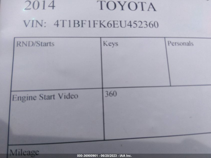 2014 TOYOTA CAMRY L/LE/XLE/SE/SE SPORT - 4T1BF1FK6EU452360