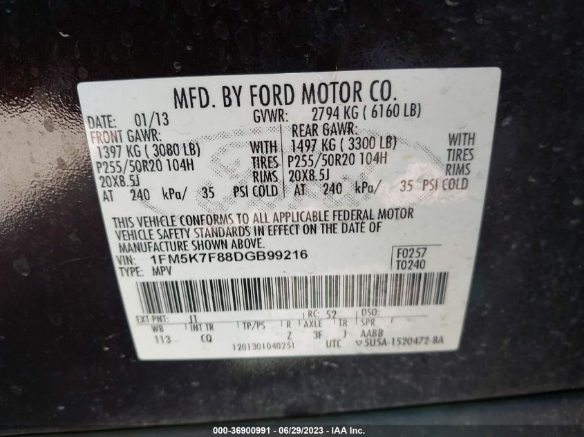2013 FORD EXPLORER LIMITED - 1FM5K7F88DGB99216