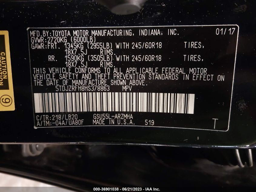 2017 TOYOTA HIGHLANDER XLE/SE - 5TDJZRFH8HS378863