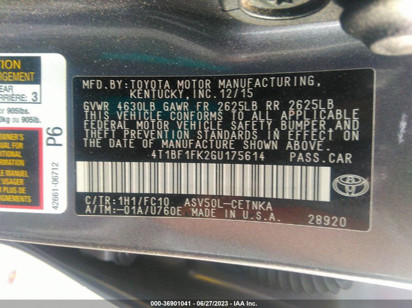 2016 TOYOTA CAMRY LE/XLE/SE/XSE - 4T1BF1FK2GU175614