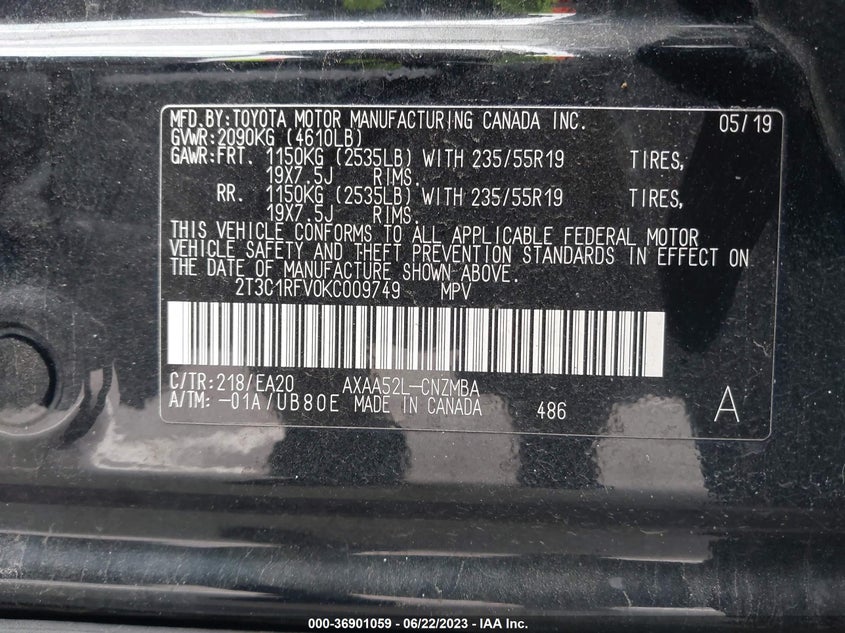 VIN 2T3C1RFV0KC009749 2019 TOYOTA RAV4 XLE PREMIUM