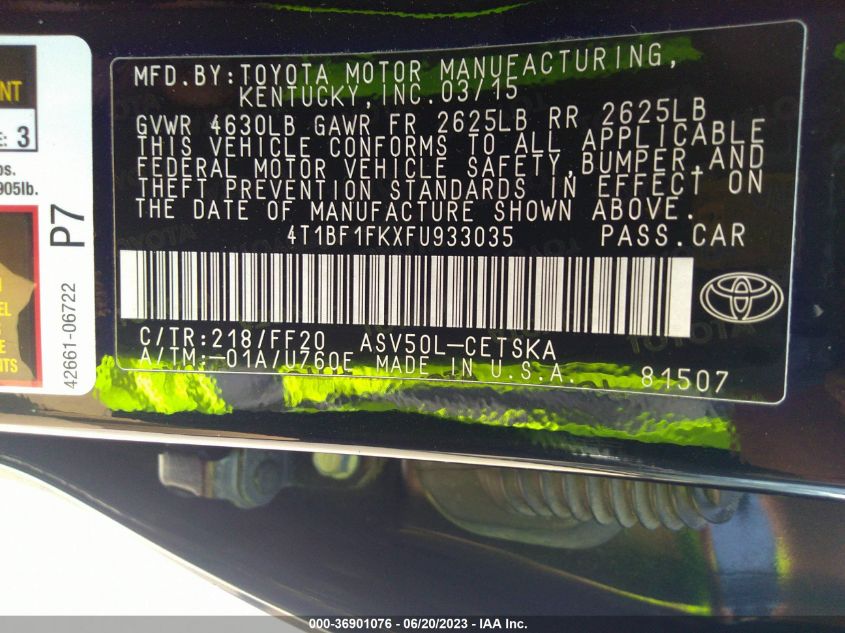 2015 TOYOTA CAMRY XLE/SE/LE/XSE - 4T1BF1FKXFU933035