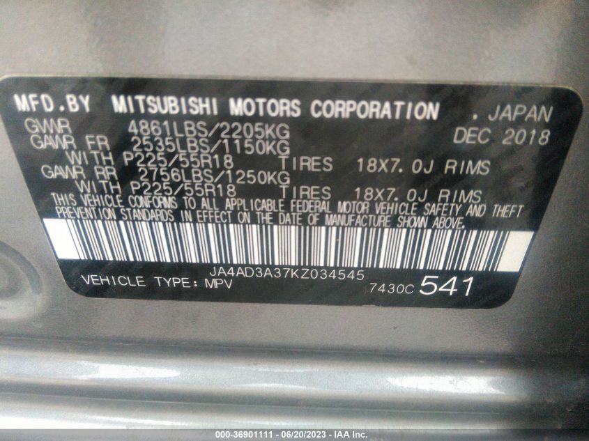 2019 MITSUBISHI OUTLANDER SE/SEL/LE - JA4AD3A37KZ034545