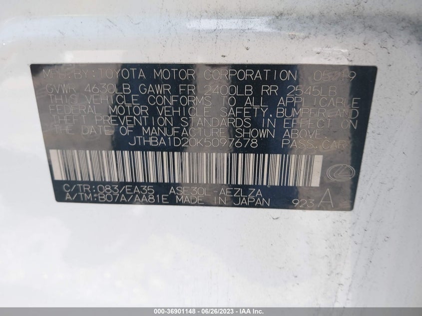 VIN JTHBA1D20K5097678 2019 LEXUS IS 300