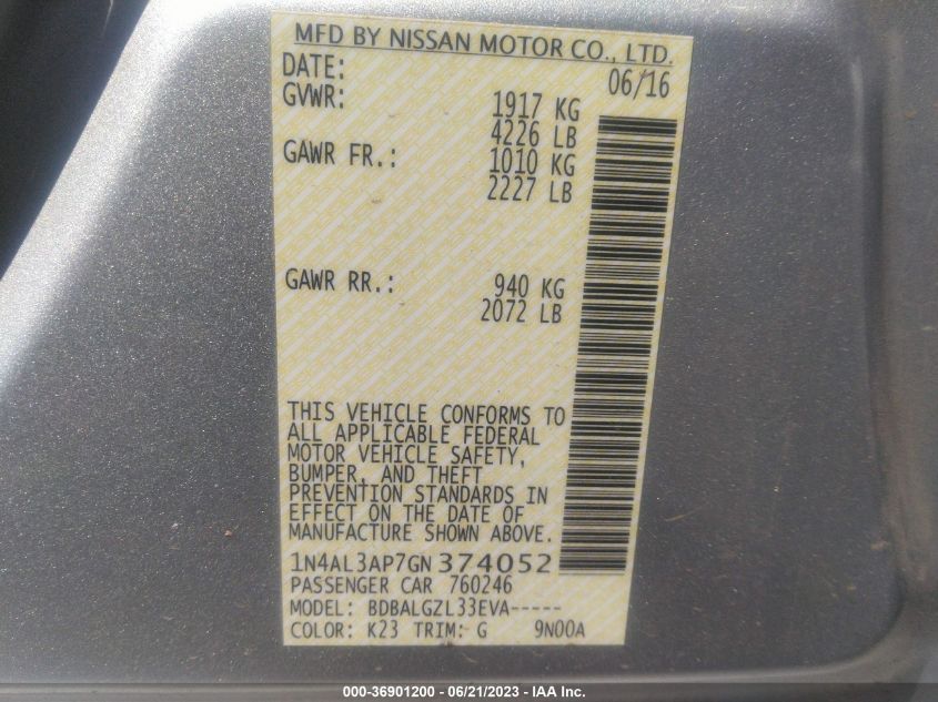 2016 NISSAN ALTIMA 2.5/S/SV/SL/SR - 1N4AL3AP7GN374052