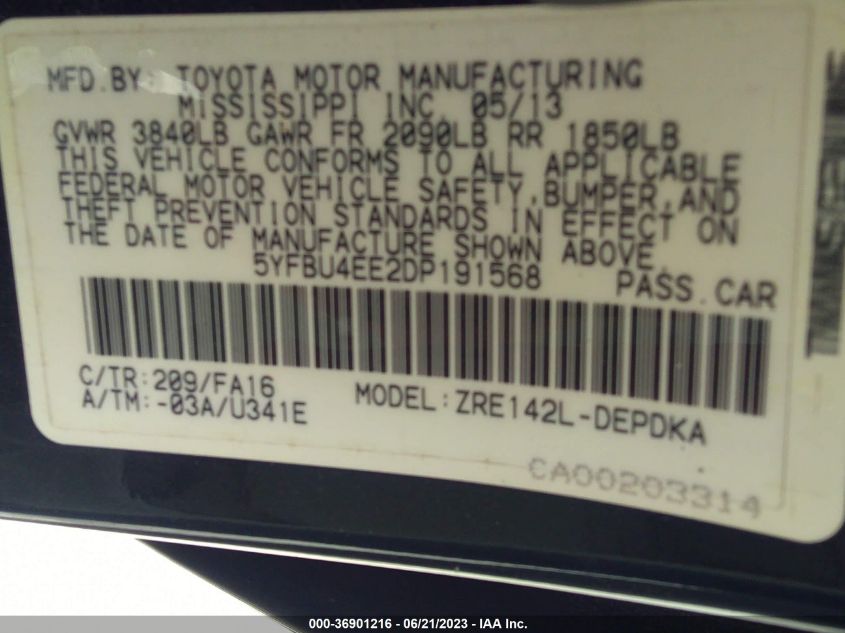 2013 TOYOTA COROLLA L/LE/S - 5YFBU4EE2DP191568