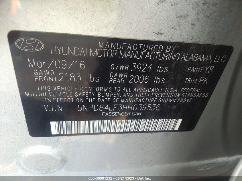 VIN 5NPD84LF3HH039536 2017 HYUNDAI ELANTRA SE/VALUE/LIMITED