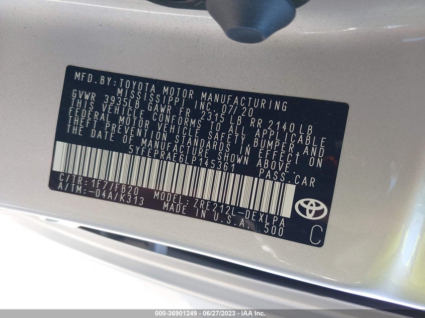 VIN 5YFEPRAE6LP145361 2020 TOYOTA COROLLA LE