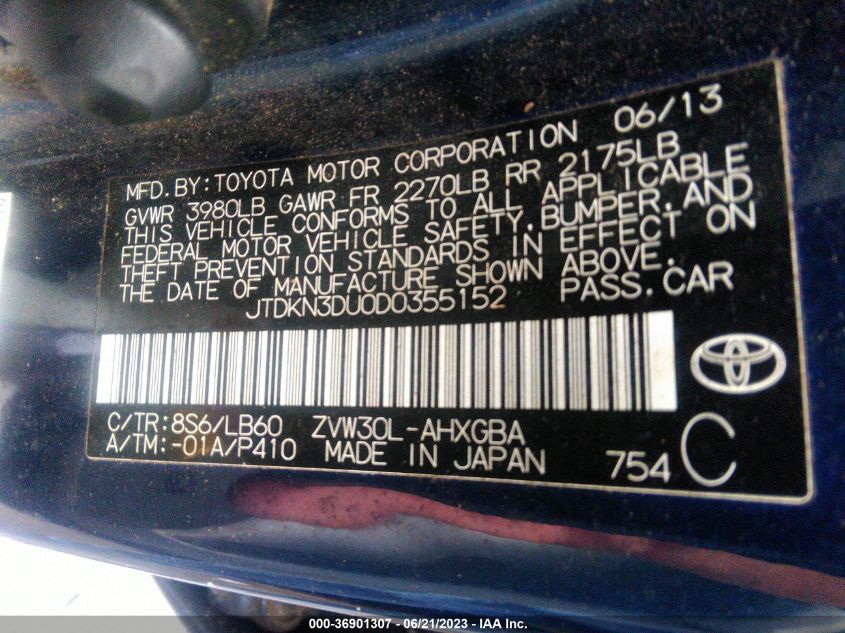 2013 TOYOTA PRIUS ONE/TWO/THREE/FOUR/FIVE - JTDKN3DU0D0355152