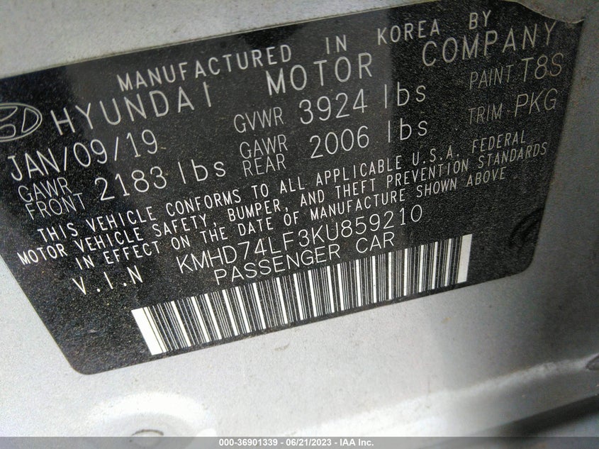 VIN KMHD74LF3KU859210 2019 HYUNDAI ELANTRA SE