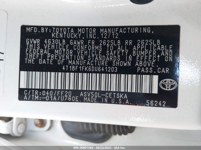2013 TOYOTA CAMRY L/LE/SE/XLE - 4T1BF1FK6DU641203