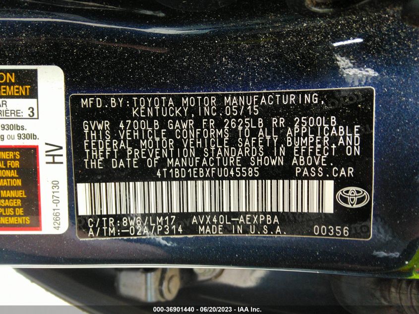 2015 TOYOTA AVALON HYBRID XLE TOURING/LIMITED 4T1BD1EBXFU045585