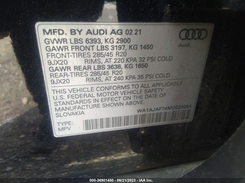 2021 AUDI Q7 PREMIUM - WA1AJAF74MD033054