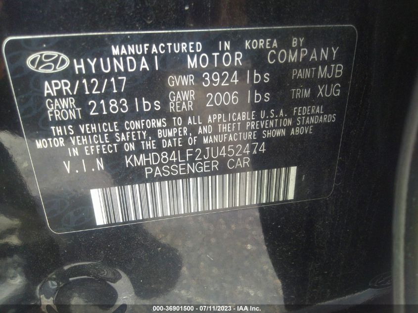 2018 HYUNDAI ELANTRA SEL/VALUE/LIMITED - KMHD84LF2JU452474