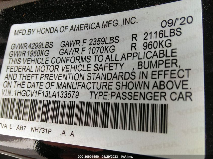 2020 HONDA ACCORD SEDAN LX - 1HGCV1F13LA133579