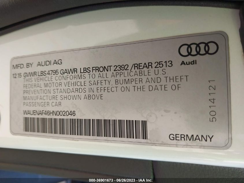 2017 AUDI A4 PREMIUM PLUS - WAUENAF46HN002046
