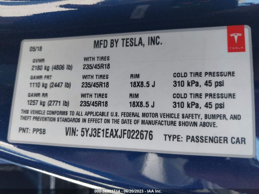 2018 TESLA MODEL 3 RANGE BATTERY - 5YJ3E1EAXJF022676