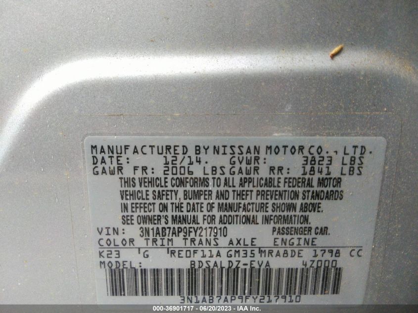 2015 NISSAN SENTRA SV - 3N1AB7AP9FY217910