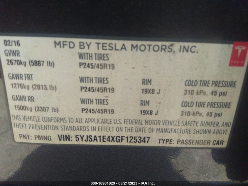 2016 TESLA MODEL S 90D/P90D/P100D/P85D - 5YJSA1E4XGF125347