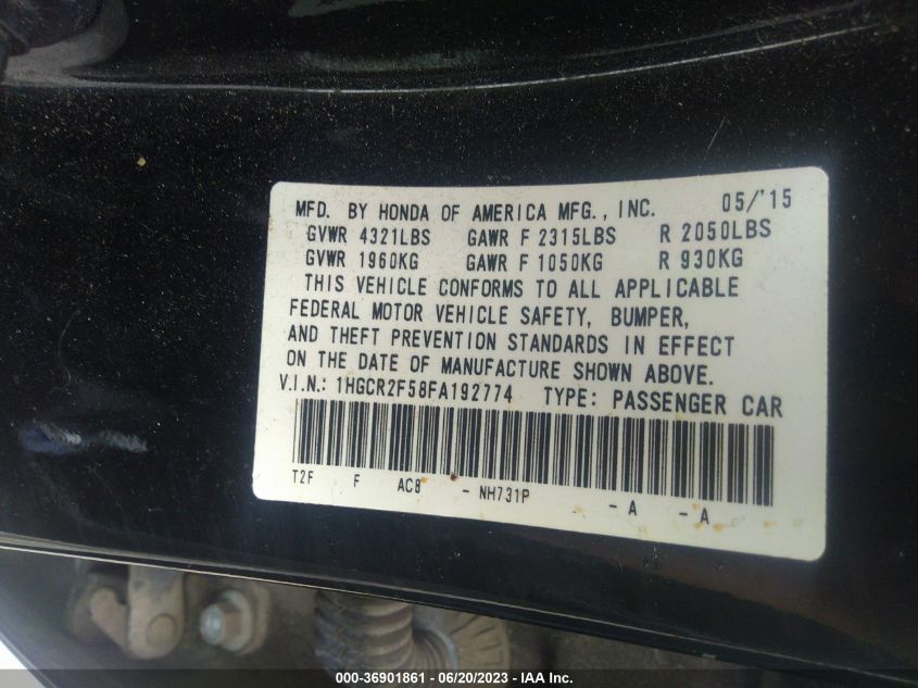 2015 HONDA ACCORD SEDAN SPORT - 1HGCR2F58FA192774