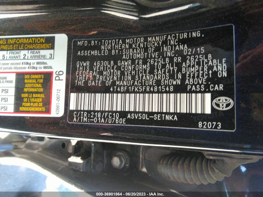 2015 TOYOTA CAMRY XLE/SE/LE/XSE - 4T4BF1FK5FR481548