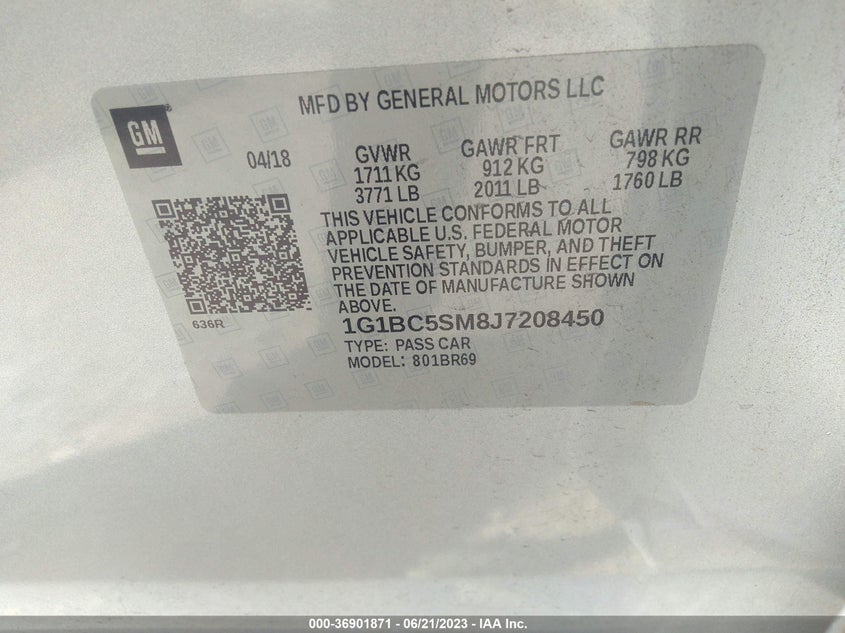 VIN 1G1BC5SM8J7208450 2018 CHEVROLET CRUZE LS