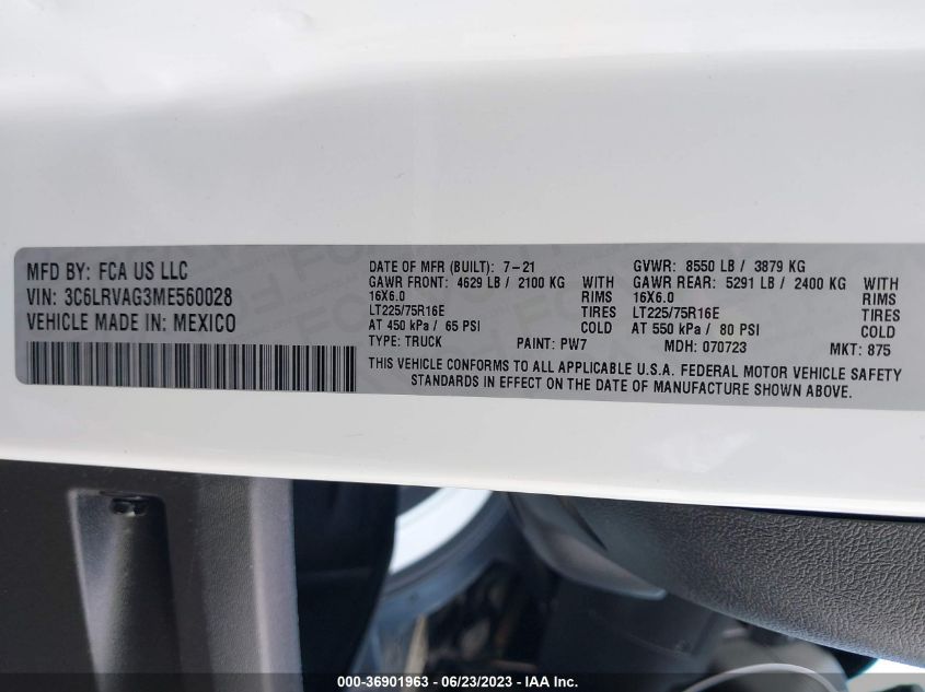 2021 RAM PROMASTER CARGO VAN - 3C6LRVAG3ME560028